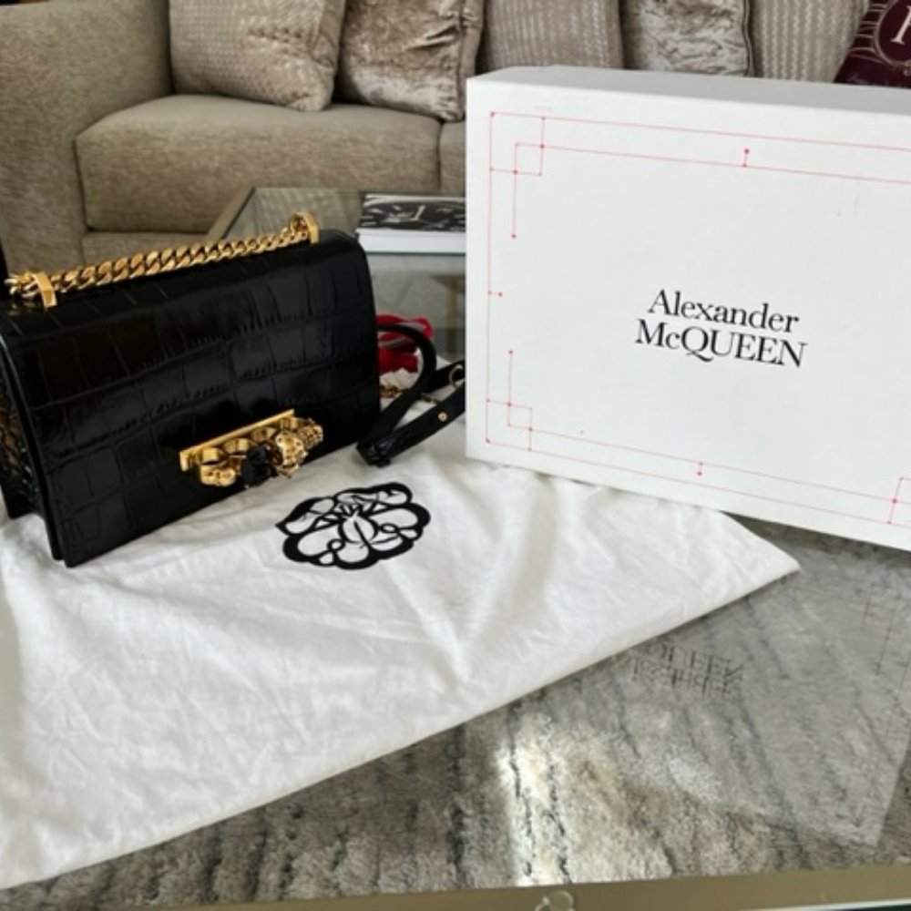 Alexander McQueen Black Crocodile Embossed Calfskin Jewelled Medium Satchel